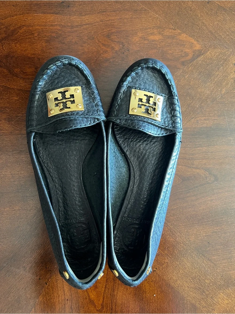 Tory Burch Black Leather Logo Moccasins with Gold Plaque